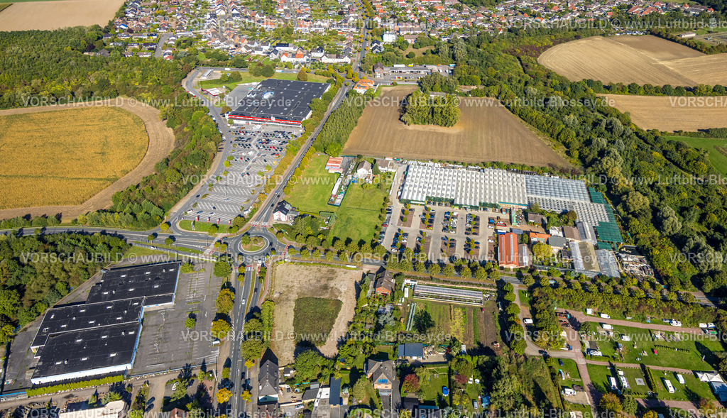 Hamm250901612 | Luftbild, Kreisverkehr Sachsring und Münsterstraße, Gartencenter Bintig GmbH und Kaufland Supermarkt, Stadtbezirk Heessen, Hamm, Ruhrgebiet, Nordrhein-Westfalen, Deutschland