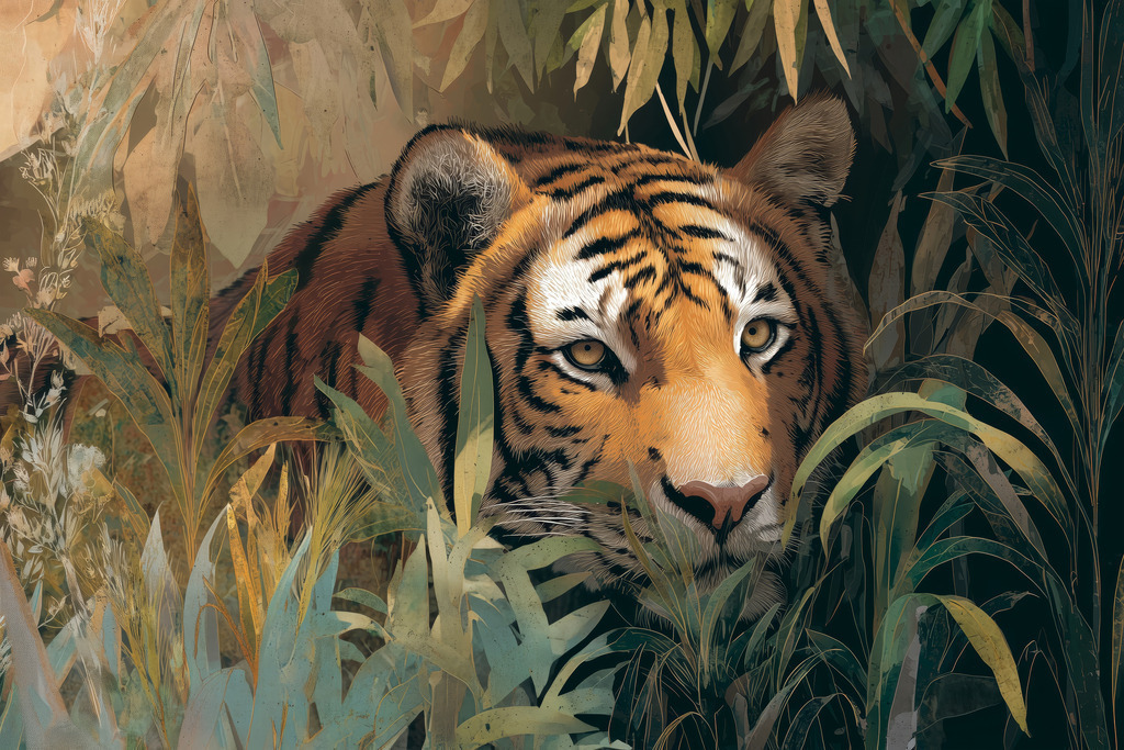 2507026 - Tiger im Dschungel | Bestelle dieses Tiger Motiv als hochwertiges Wandbild oder Poster z.B. auf Leinwand hier bei uns im Onlineshop mit kostenloser Lieferung innerhalb Deutschlands.