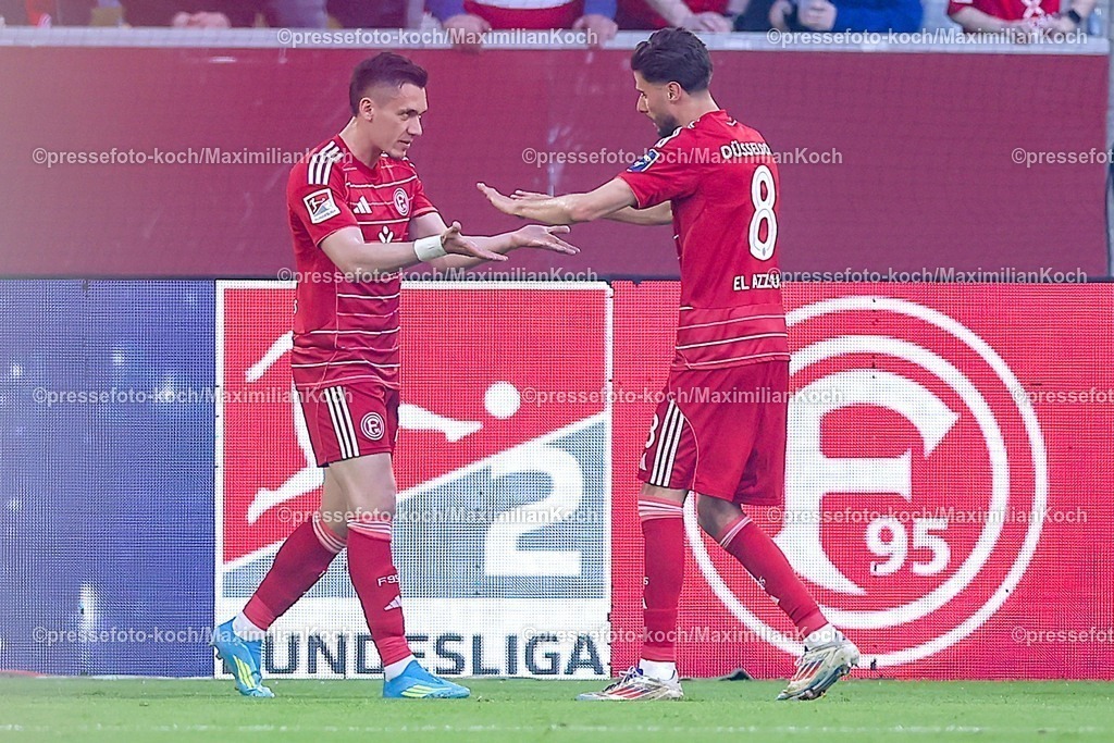F9524042601027 | 24.04.2026, Fußball, Fortuna Düsseldorf - SC Dynamo Dresden, 2. Fußball Bundesliga, Herren, Merkur Spiel-Arena, 31. Spieltag, Saison 2025 2026: Torjubel nach dem Tor zum 2:0  durch Torschütze Emmanuel Iyoha&nbsp;(Fortuna Düsseldorf #19)  DFB regulations prohibit any use of photographs as image sequences and or quasi-video.