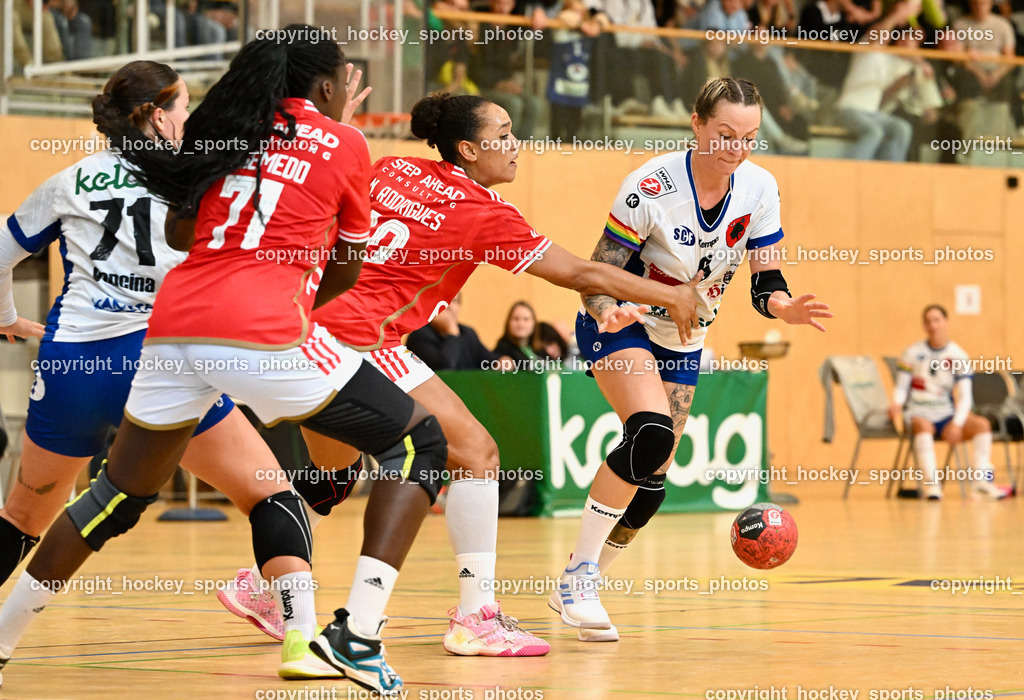SC Ferlach vs. Sport Lisboa Benfica 30.9.2023 | #71 VONCINA Luna SC Ferlach, b#6 KAVALAR Anna-Maria SC Ferlach, #10 RODRIGUES Nádia Sport Lisboa Benfica, SC Ferlach vs. Sport Lisboa Benfica 30.9.2023, SC Ferlach vs. Sport Lisboa Benfica am 30.09.2023 in Ferlach (Ballspielhalle Ferlach), Austria, (Photo by Bernd Stefan)