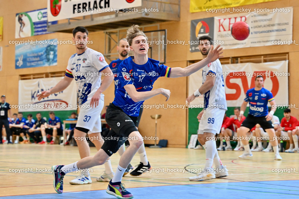 SC Ferlach vs. ALPLA HC Hard | #17 Kelih Markus SC Ferlach, #99 Hild Matthias SC Hard, #37 Horvath Ivan SC Ferlach, SC Ferlach vs. ALPLA HC Hard, SC Ferlach vs. ALPLA HC Hard am 05.04.2025 in Ferlach (Ballspielhalle Ferlach), Austria, (Photo by Bernd Stefan)