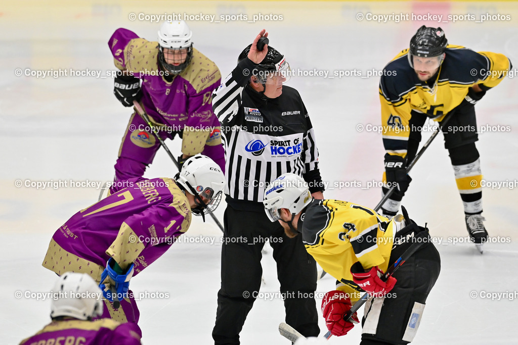EC Kellerberg vs. EC Arnoldstein | #17 Erlacher Christoph EC Kellerberg, Pieber Manuel Referee, #24 Hadzic Eldin EC Arnoldstein, #40 Hartlieb Manuel EC Arnoldstein, EC Kellerberg vs. EC Arnoldstein, EC Kellerberg vs. EC Arnoldstein am 03.02.2025 in Villach (Stadthalle Villach), Austria, (Photo by Bernd Stefan)