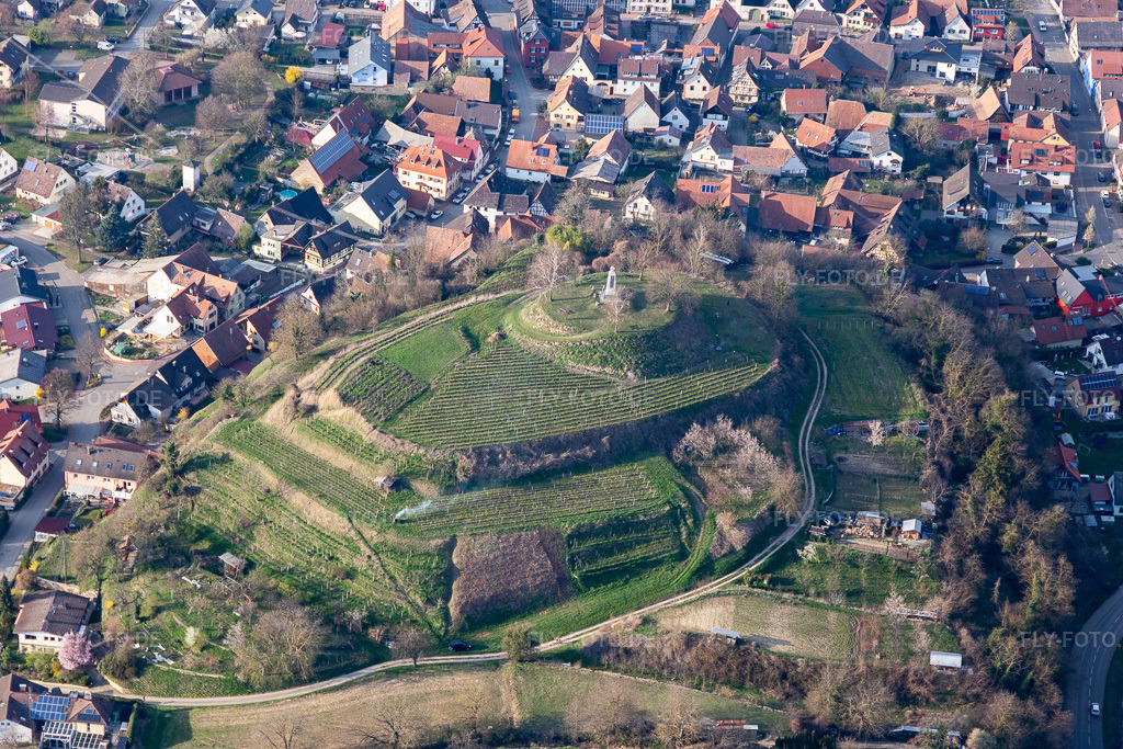 Luftbild: Denkmal auf dem Berg der ehemaligen Burg im Ortsteil Nimburg in Teningen im Bundesland Baden-Württemberg in Deutschland. Foto: IMG_113112.jpg vom 22.03.2019 durch Werner Riehm/FLY-FOTO.de