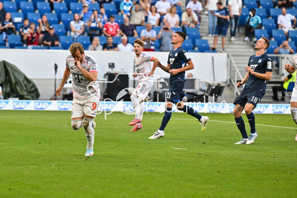 TSG 1899 Hoffenheim - FC Bayern München | Jubel der Bayern nach dem Treffer zum 0-2 durch Harry KANE (FC Bayern Muenchen 9) / Elfmeter / Tor / Torschuetze / Freude / Happy / Bundesliga: TSG 1899 Hoffenheim - FC Bayern München; PreZero-Arena am 20.09.2025 / DFL REGULATIONS PROHIBIT ANY USE OF PHOTOGRAPHS AS IMAGE SEQUENCES AND/OR QUASI-VIDEO