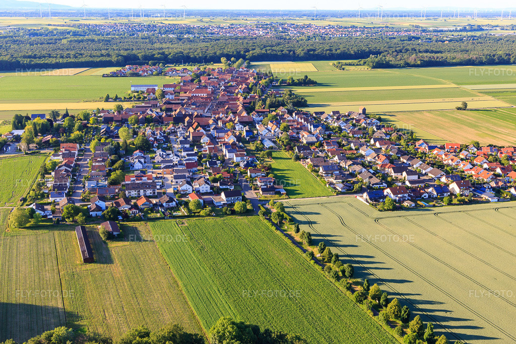 Luftbild: Ortsansicht von Süden im Ortsteil Hayna in Herxheim im Bundesland Rheinland-Pfalz in Deutschland. Foto: IMG_115099.jpg vom 13.06.2019 durch Werner Riehm/FLY-FOTO.de