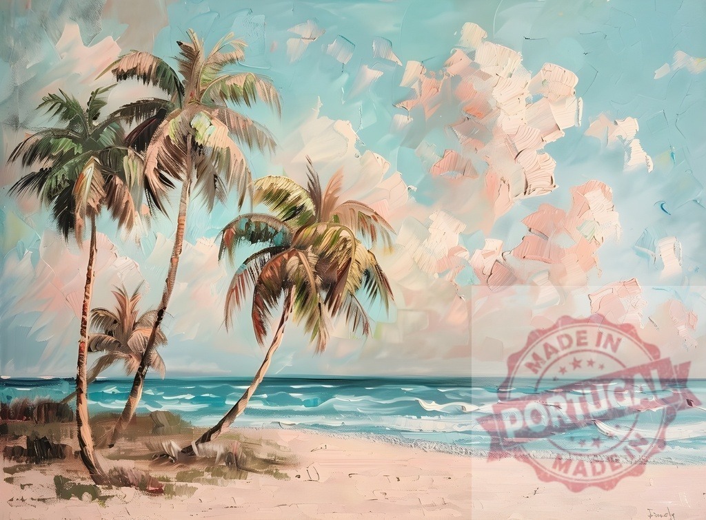 Tropical beach landscape with palm trees and ocean waves | Impasto oil painting showing a serene tropical beach with palm trees, ocean surf, and clouds - Realized with Pictrs.com
