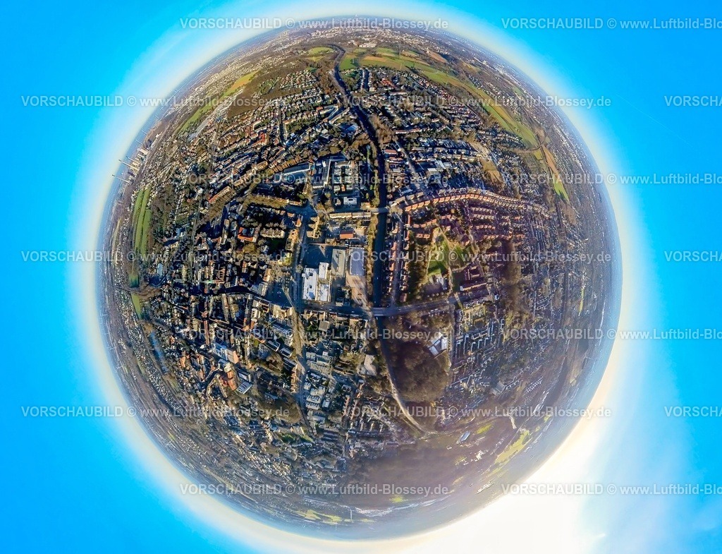 Gladbeck240190221City_B224 | Luftbild, City Innenstadt Essener Straße Bundesstraße B224, Wohngebiet und Häuserreihe mit roten Dächern an der Landstraße, Erdkugel, Fisheye Aufnahme, Fischaugen Aufnahme, 360 Grad Aufnahme, tiny world, little planet, fisheye Bild, Butendorf, Gladbeck, Ruhrgebiet, Nordrhein-Westfalen, Deutschland