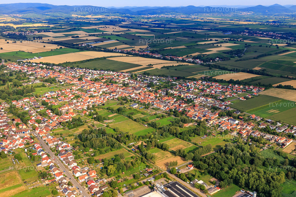 Luftbild: Ortsansicht aus Osten im Ortsteil Schaidt in Wörth im Bundesland Rheinland-Pfalz in Deutschland. Foto: IMG_109007.jpg vom 15.07.2018 durch Werner Riehm/FLY-FOTO.de