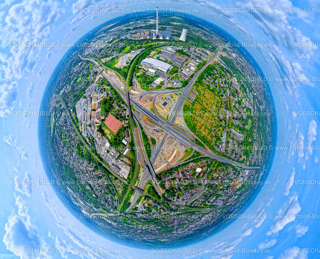 Herne2506900229A43-A42 | Autobahnkreuz Herne Großbaustelle, Autobahn A42 und Autobahn A43, STEAG Heizkraftwerk Herne am Rhein-Herne-Kanal, Erdkugel, Fisheye Aufnahme, Fischaugen Aufnahme, 360 Grad Aufnahme, tiny world, little planet, fisheye Bild, Baukau, Herne, Ruhrgebiet, Nordrhein-Westfalen, Deutschland