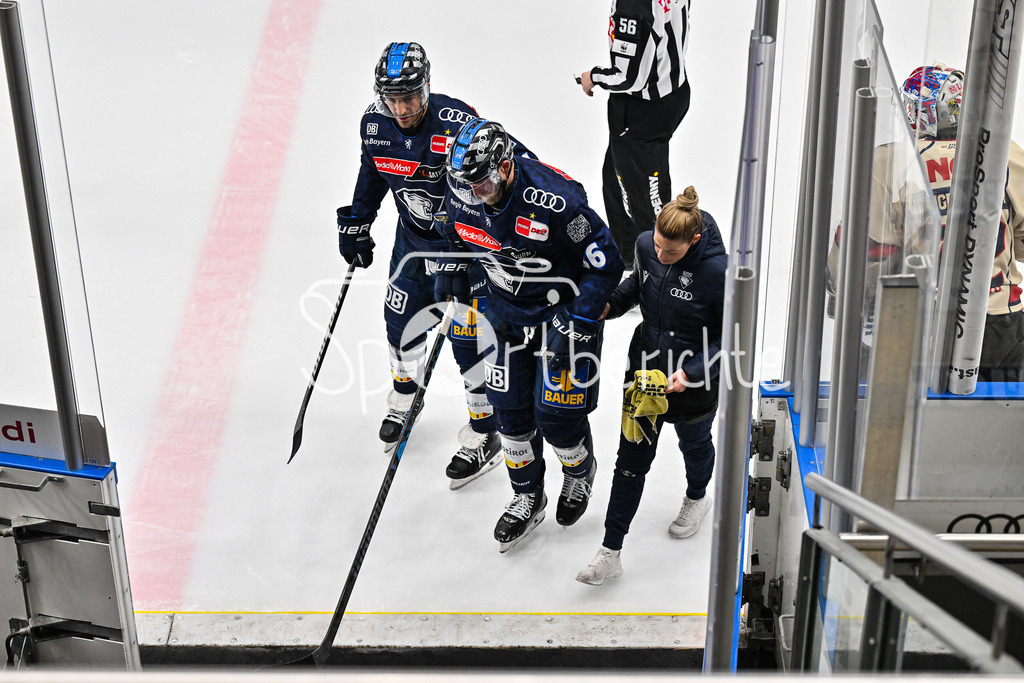 ERC Ingolstadt - Nuernberg Ice Tigers | der angeschlagene Daniel PIETTA (ERC Ingolstadt 86) muss vom Eis gebracht werden / DEL: ERC Ingolstadt - Nuernberg Ice Tigers, Saturn-Arena am 26.03.2025