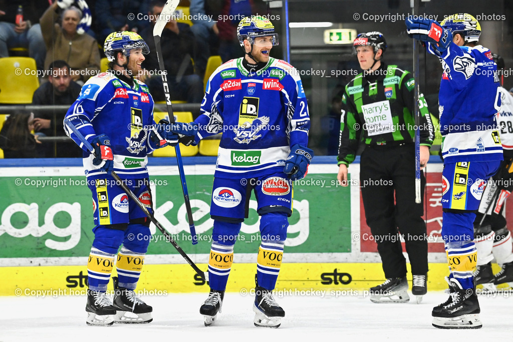 EC IDM Wärmepumpen VSV vs. Pioneers Vorarlberg | Jubel EC VSV Mannschaft, #16 Kevin Hancock EC VSV, #26 Guus van Nes EC VSV, #91 Nick Hutchison EC VSV, EC IDM Wärmepumpen VSV vs. Pioneers Vorarlberg, EC IDM Wärmepumpen VSV vs. Pioneers Vorarlberg am 22.02.2026 in Villach (Stadthalle Villach), Austria, (Photo by Bernd Stefan)