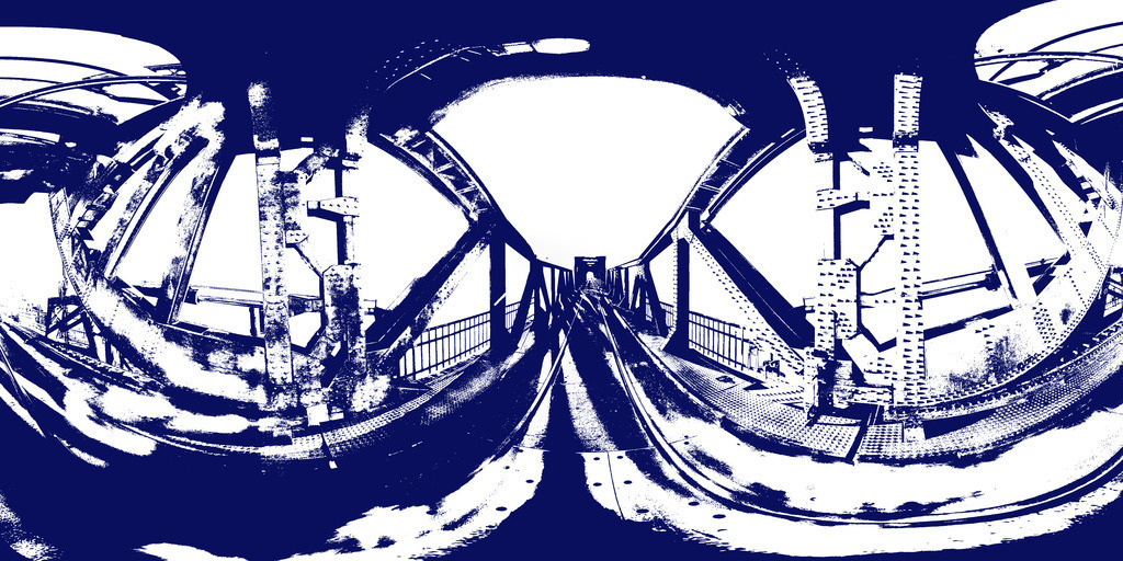 Photoart: Lindaunisbrücke mit Weitwinkel | Dieses Wandbild im Querformat zeigt die künstlerische Interpretation der alten Lindaunisbrücke im Weitwinkel mit fast 360°. Die dunklen Bereich des Bilds sind in blau und die hellen Bereiche in weiß dargestellt.  - Realisiert mit Pictrs.com