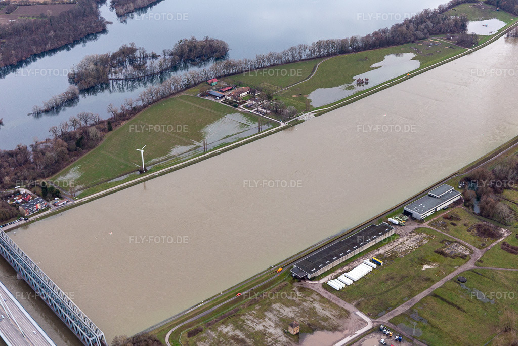 Luftbild: Hofgut Maxau zwischen Rhein und Knielinger See bei Rheinhochwasser im Ortsteil Knielingen in Karlsruhe im Bundesland Baden-Württemberg in Deutschland. Foto: IMG_124253.jpg vom 04.02.2021 durch Werner Riehm/FLY-FOTO.de