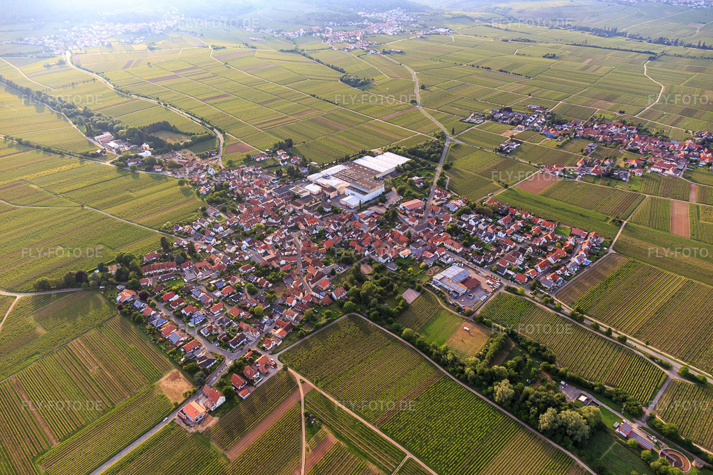 Luftbild: Dorfübersicht aus Südosten in Böchingen im Bundesland Rheinland-Pfalz in Deutschland. Foto: IMG_107432.jpg vom 25.05.2018 durch Werner Riehm/FLY-FOTO.de