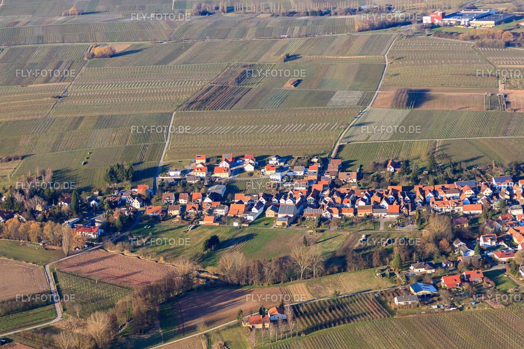 Dorfansicht im Winter aus Süden | Luftbild: Dorfansicht im Winter aus Süden in Göcklingen im Bundesland Rheinland-Pfalz in Deutschland. Foto: IMG_62411.jpg vom 24.02.2014 durch Werner Riehm/FLY-FOTO.de - Realisiert mit Pictrs.com