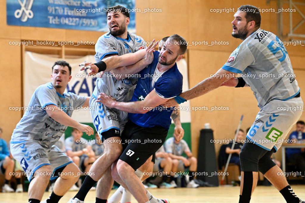 SC Ferlach vs. HSG Xentis Lipizzanerheimat | #4 Omeragic Adi HSG Xentis Lipizzanerheimat, #57 LEBAN Patrik SC Ferlach, #56 Beciri Kristian HSG Xentis Lipizzanerheimat,  SC Ferlach vs. HSG Xentis Lipizzanerheimat, SC Ferlach vs. HSG Xentis Lipizzanerheimat am 18.04.2026 in Ferlach (Ballspielhalle Ferlach), Austria, (Photo by Bernd Stefan)