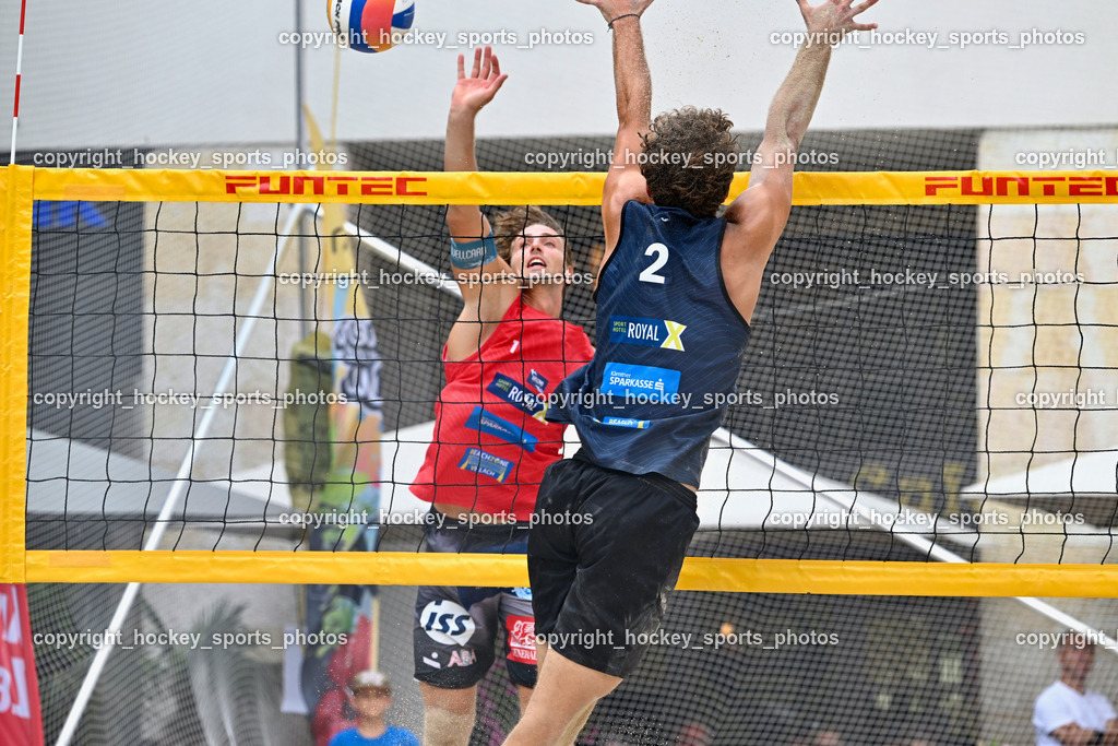 Kärntner Landesmeisterschaft Beach Volleyball | #1 FRIEDL Felix, #2 SPONER Philipp, Kärntner Landesmeisterschaft Beach Volleyball, Kärntner Landesmeisterschaft Beach Volleyball am 18.08.2024 in Villach (Rathausplatz Villach), Austria, (Photo by Bernd Stefan)