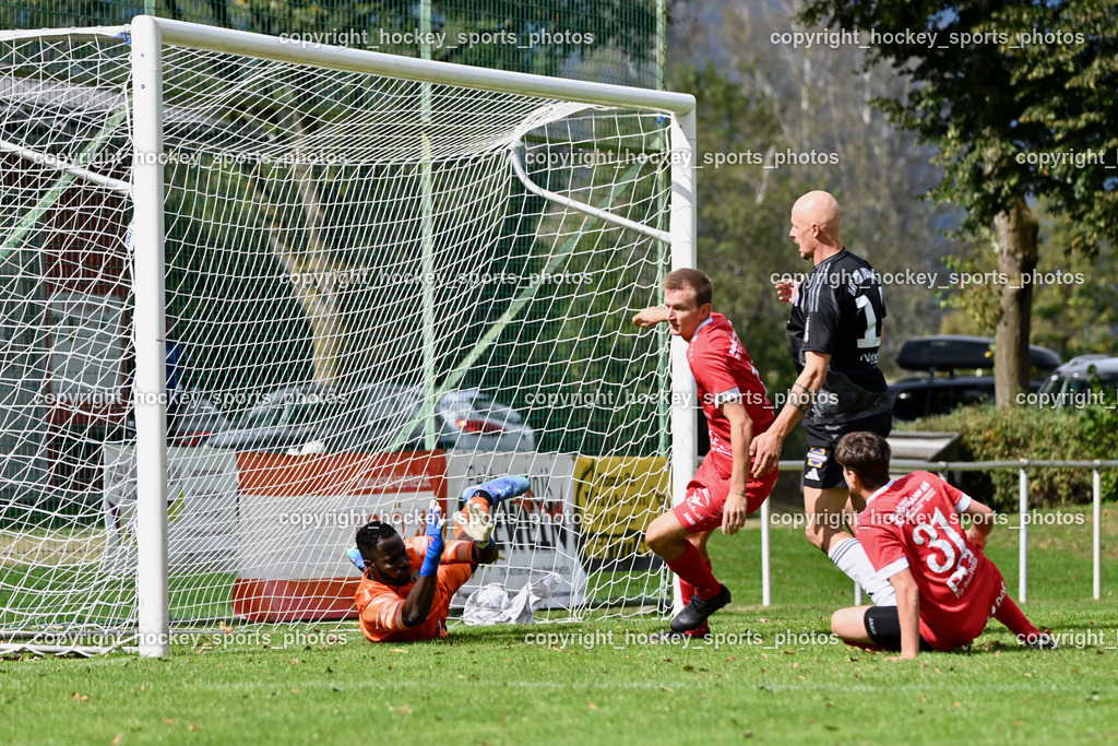 SV Rothentuhurn vs. URC Thal Assling | #16 Niklas Hinteregger SV Rothenthurn,  Tor SV Rothenthurn, #99 Ayotunde Ezekiel Ikuepamitan URC Thal Assling, #14 David Walder URC Thal Assling, #31 Fabio Daxer SV Rothenthurn, SV Rothentuhurn vs. URC Thal Assling, SV Rothentuhurn vs. URC Thal Assling am 15.09.2024 in Rothenthurn (Sportplatz Rothenthurn), Austria, (Photo by Bernd Stefan)