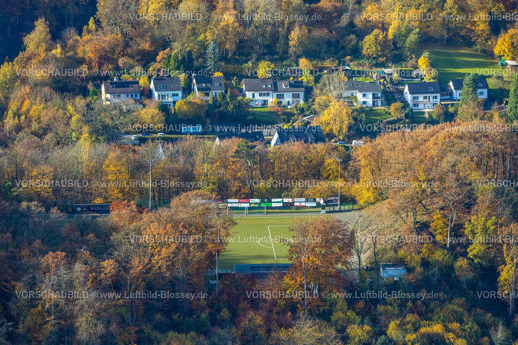 Wetter251104330 | Luftbild, Fußballstadion Sportplatz mit Blick zur Wohnsiedlung Am Brasberg, herbstliche Bäume, Wengern, Wetter, Ruhrgebiet, Nordrhein-Westfalen, Deutschland
