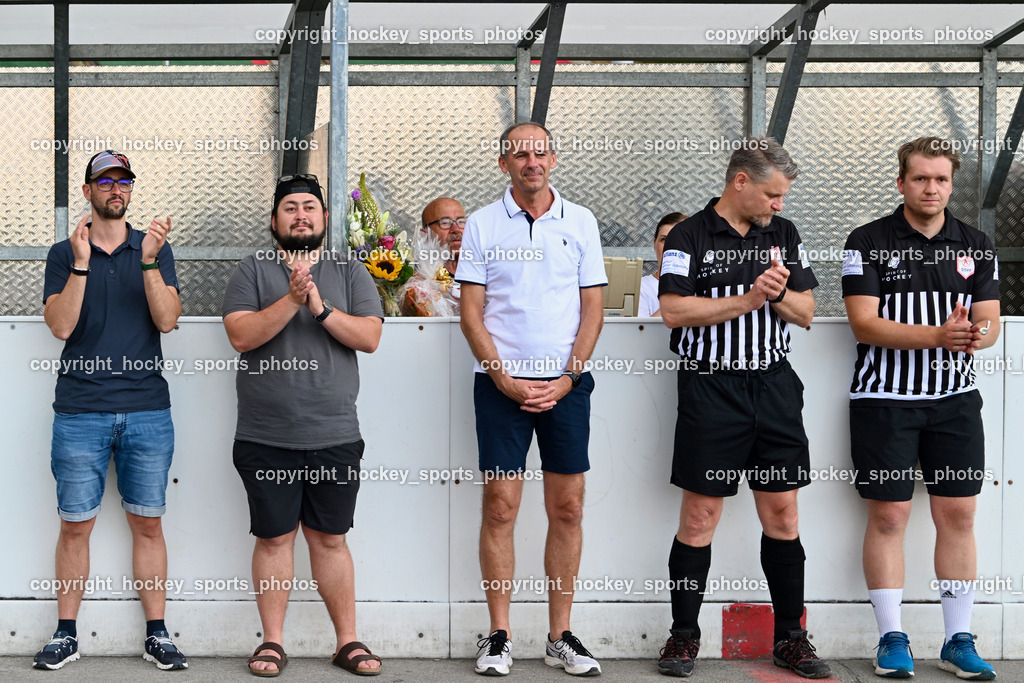 VAS Villach vs. ASKÖ Hockey Villach | Kummer Stefan, KERSCHE Jürgen Ballhockey Austria, Ehrenpräsident Ballhockey Austria Helmut Falle, Steiner Alois Referee, Unterweger Dominik Referee, VAS Villach vs. ASKÖ Hockey Villach, VAS Villach vs. ASKÖ Hockey Villach am 03.07.2025 in Villach (Alpen Arena ), Austria, (Photo by Bernd Stefan)