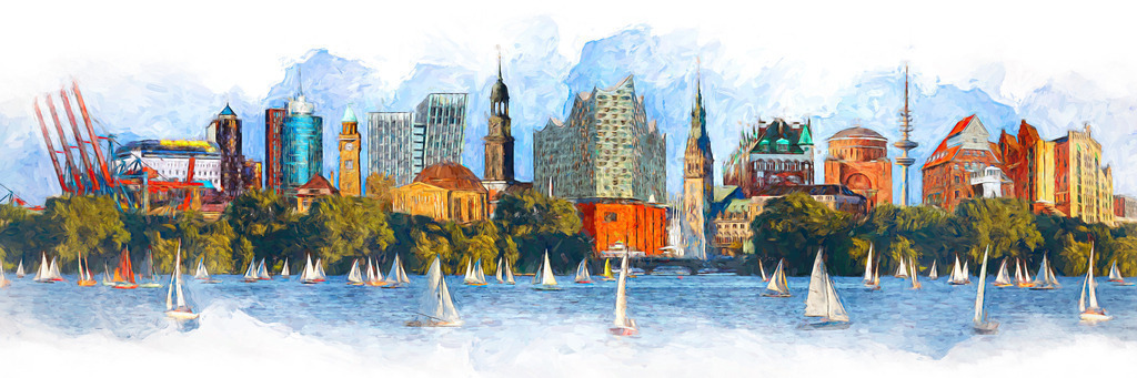 10221201 - Hamburg Alster Skyline | Sehr aufwändig gestaltete Hamburg Skyline Collage, digital im Gemälde Look nachbearbeitet mit besonders variabler, täuschend echter Pinselführung. 