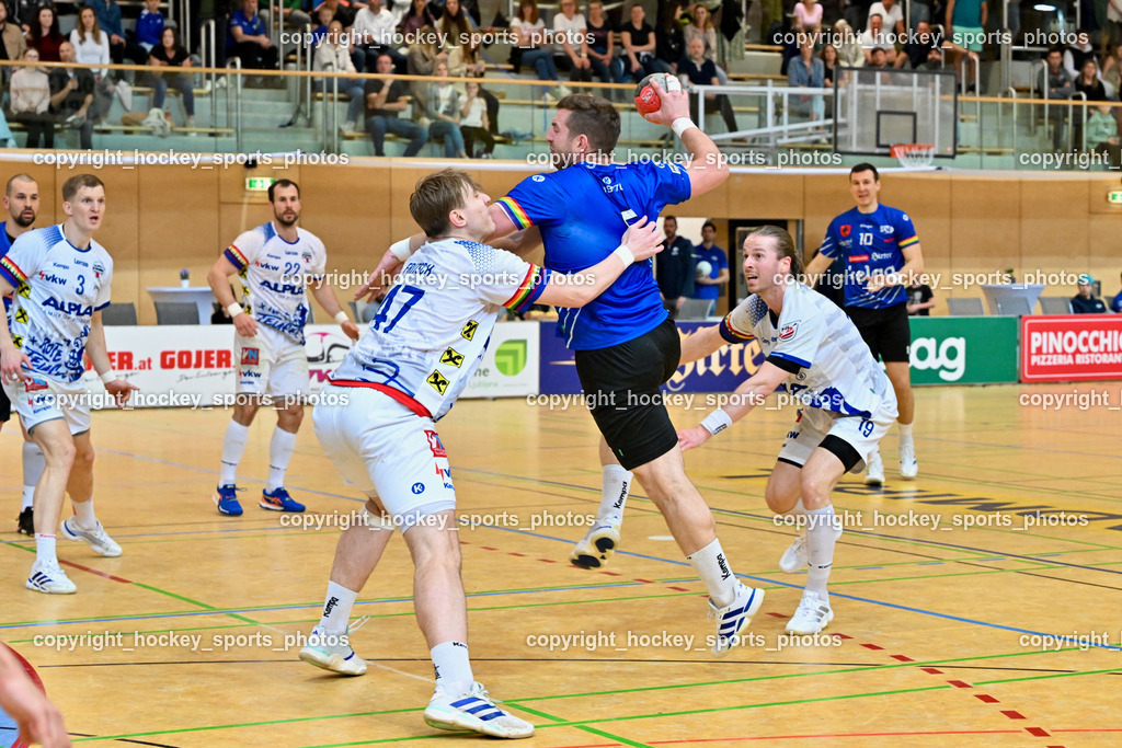 SC Ferlach vs. ALPLA HC Hard | #47 FRITSCH Lukas SC Hard, #6 Nosan Blaz SC Ferlach, #19 SCHNABL Nico SC Hard, SC Ferlach vs. ALPLA HC Hard, SC Ferlach vs. ALPLA HC Hard am 05.04.2025 in Ferlach (Ballspielhalle Ferlach), Austria, (Photo by Bernd Stefan)