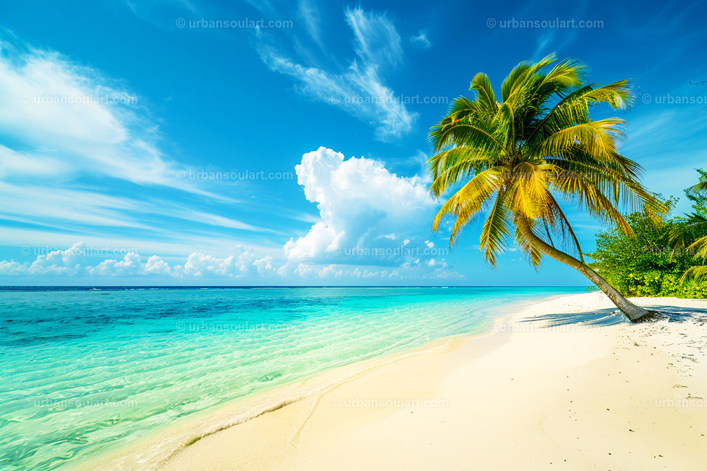 White Sand Beach With Palm Tree | Escape to paradise with this idyllic image of a white sand beach lined with a single palm tree. The clear blue waters and bright sky make this artwork perfect for bringing a tropical and relaxing vibe to any space. - Realisiert mit Pictrs.com