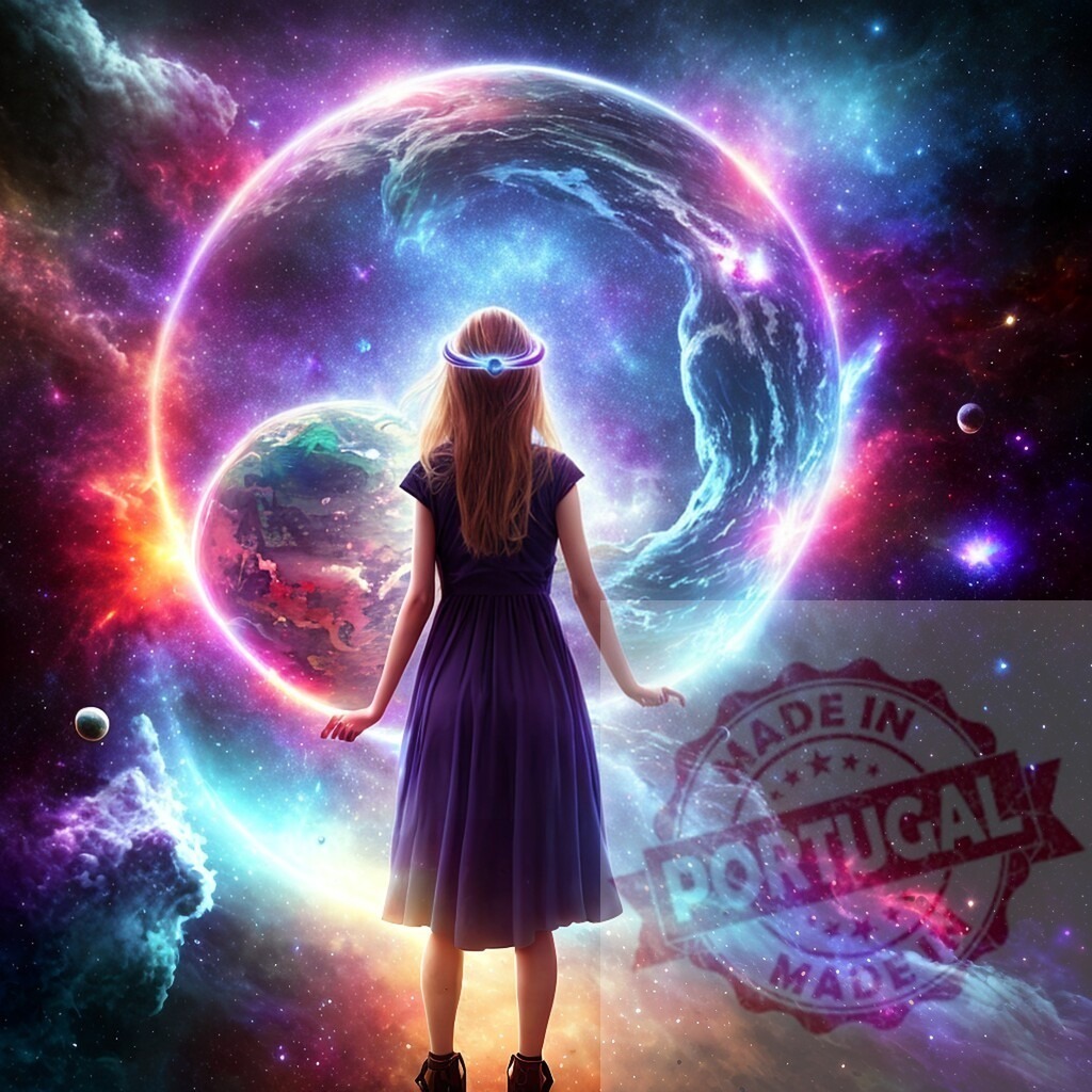 Woman standing seeing glowing cosmos and planets | Woman standing admiring ethereal space with nebula and glowing planets - Realisiert mit Pictrs.com