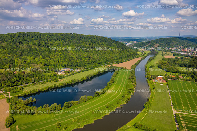 PortaWestfalica240505222Wiehengebirge_Kaiser-Wilhelm-Denkmal | Luftbild, Kaiser-Wilhelm-Denkmal, kulturelles Denkmal, Wiehengebirge und Fluss Weser, Gut und See Wedigenstein, Fernsehturm Porta Westfalica, Fernsicht mit blauem Himmel und Wolken, Holzhausen, Porta Westfalica, Ostwestfalen, Nordrhein-Westfalen, Deutschland