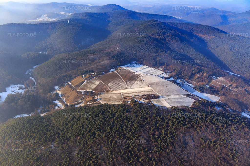 Luftbild: Haardtrand-Wolfsteig im Winter in Pleisweiler-Oberhofen im Bundesland Rheinland-Pfalz in Deutschland. Foto: IMG_096432.jpg vom 22.01.2017 durch Werner Riehm/FLY-FOTO.de