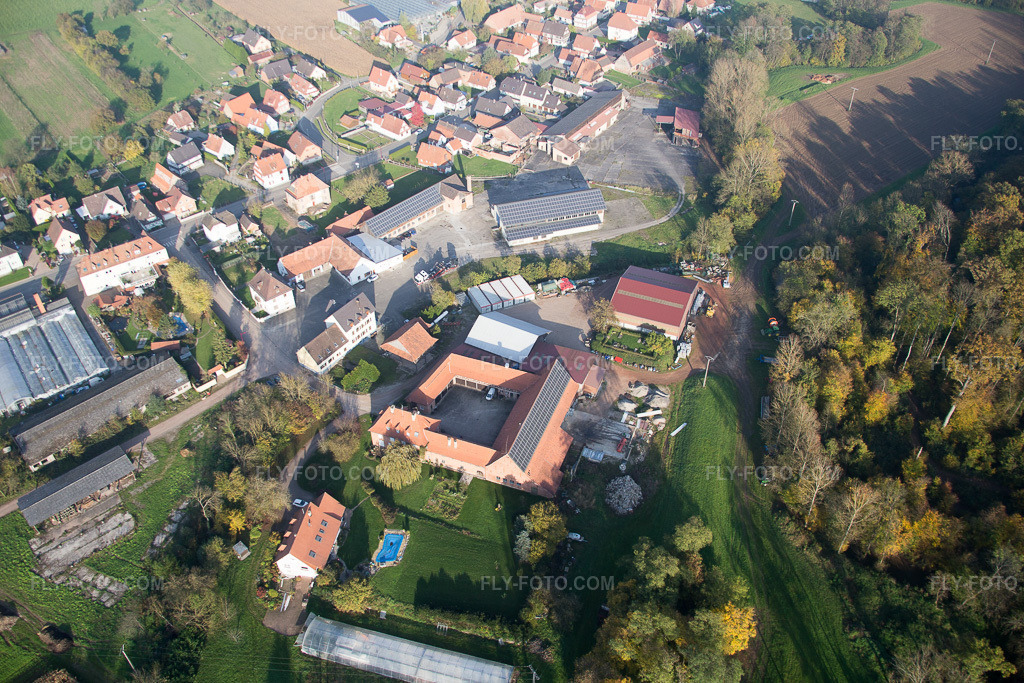 Aerial view: View of the town in Niederrœdern in the state Bas-Rhin, France.Photo: IMG_075665.jpg taken on 11/01/2014 by Werner Riehm/FLY-FOTO.comResolution of the original: 5472 x 3648 px