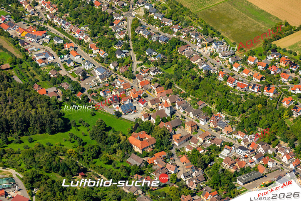 Das Luftbild zeigt : Wachbach Bad Mergentheim - Die Luftaufnahme wurde 2023 vom UL-Flugzeug aus erstellt ( keine Drohne ) - Hochauflösende Luftaufnahme - Für grossformatige Ausdrucke geeignet. Die Geschenkidee !Mit Lizenz und Bildrechte bestellbar