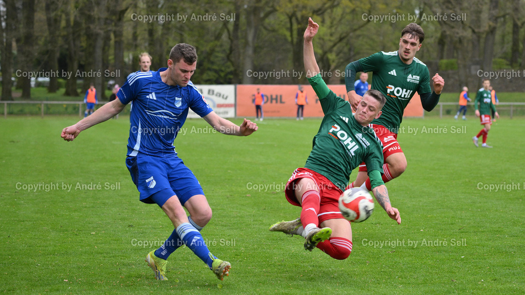 MTSV Hohenwestedt (grün) vs TuS Rotenhof (blau) | Kilian Pingel (MTSV #17) &amp; Macius Dahm (MTSV #3 hinten) vs Felix Struck (Rotenhof #8) / Fußball-Oberliga Männer 2025/2026 / MTSV Hohenwestedt (grün) vs TuS Rotenhof (blau) / Sportplatz Wilhelmhöh / Hohenwestedt / 25.04.26 - Realisiert mit Pictrs.com