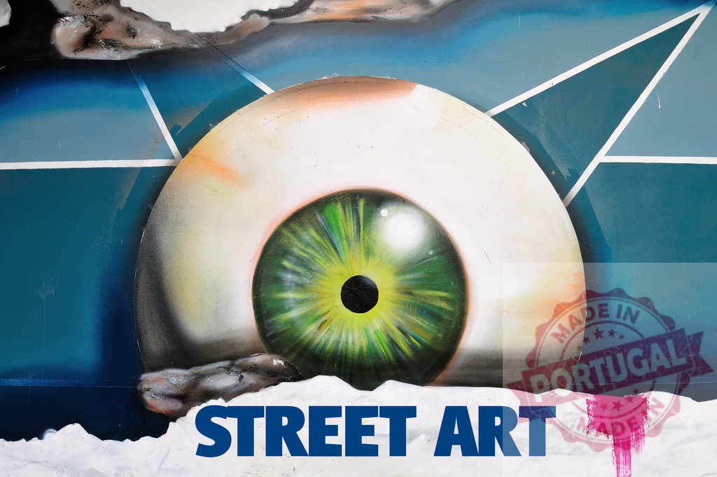 Street art representing a large eye looking at you with the words street art below | Street art representing a large eye looking at you with the words street art below, urban art concept - Realized with Pictrs.com