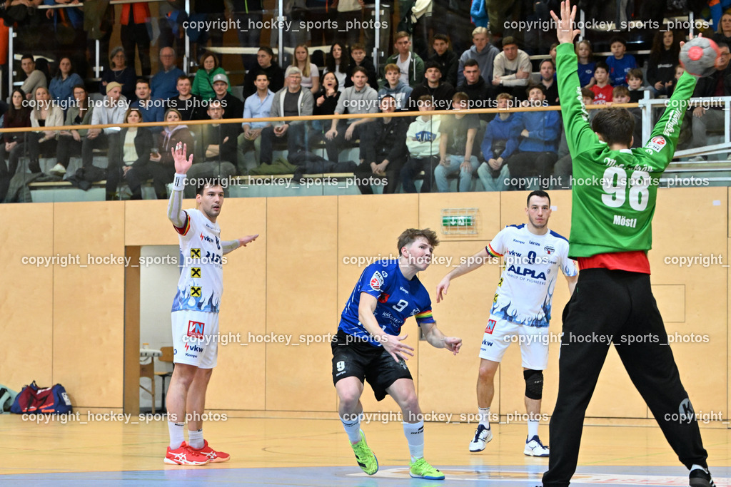 SC Ferlach vs. ALPLA HC Hard 2.3.2024 | #8 STEVANOVIC Nikola HC Hard, #9 SAGER Nico SC Ferlach, #9 Tokic Ante HC Hard, #98 MÖSTL Constantin HC Hard, SC Ferlach vs. ALPLA HC Hard 2.3.2024, SC Ferlach vs. ALPLA HC Hard am 02.03.2024 in Ferlach (Ballspielhalle Ferlach), Austria, (Photo by Bernd Stefan)