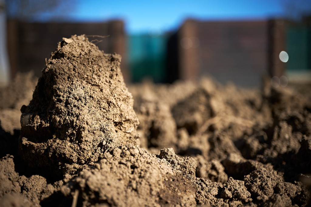 Blick über ein Gartenbeet zu einem Hochbeet | Burgenland, Austria - March 12, 2023: Blick über ein Gartenbeet mit Erde zu einem Hochbeet - Realisiert mit Pictrs.com
