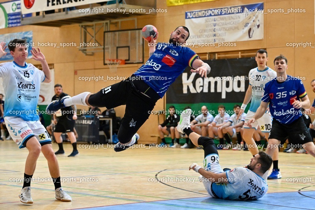 SC Ferlach vs. HSG Bärnbach/Köflach 30.3.2024 | #15 Knez Domen HSG Bärnbach, #81 MILICEVIC Adrian SC Ferlach, #10 Perkusic Toni HSG Bärnbach, #35 JURANIC Jura Egon SC Ferlach, #56 Beciri Kristian HSG Bärnbach, SC Ferlach vs. HSG Bärnbach/Köflach 30.3.2024, SC Ferlach vs. HSG Bärnbach/Köflach am 30.03.2024 in Ferlach (Ballspielhalle Ferlach), Austria, (Photo by Bernd Stefan)