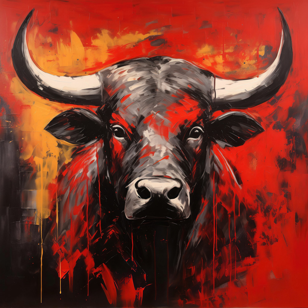 10240128 - Stier in rot und schwarz | Ein abstrakter Stier im Stil eines Gemäldes.