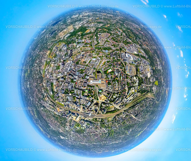 Essen230790076_Rathaus | Luftbild, City mit Rathaus, Erdkugel, Fisheye Aufnahme, Fischaugen Aufnahme, 360 Grad Aufnahme, tiny world, Stadtkern, Essen, Ruhrgebiet, Nordrhein-Westfalen, Deutschland