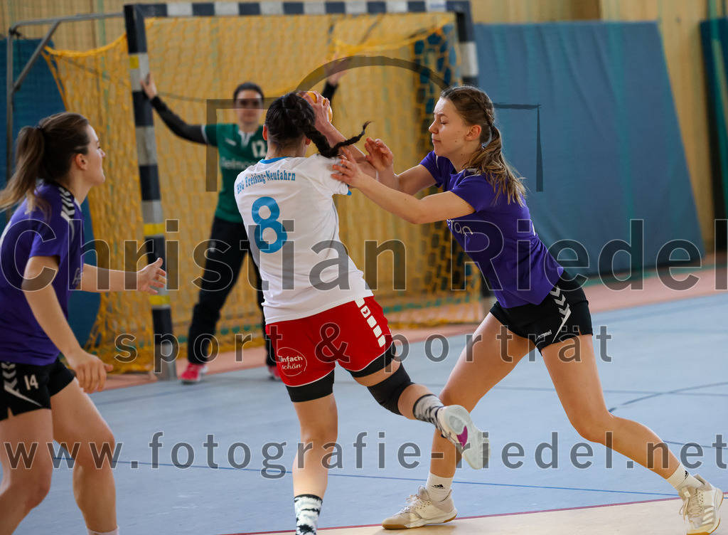 2023-03-18_029_SpVgg_Altenerding_II_gegen_HSG_Freising-Neufahrn_II | Erding, Deutschland, 18.03.2023:
Handball, Bezirksliga Frauen Altbayern 2022 / 2023, 14. Spieltag, SpVgg Altenerding II gegen HSG Freising-Neufahrn II, Endergebnis: 25:27

Katharina Gotz (SpVgg Altenerding, #14), Eduarta Krasnigi (HSG Freising-Neufahrn, #8), Sophie Lößl (SpVgg Altenerding, #24)

Foto: Christian Riedel / fotografie-riedel.net