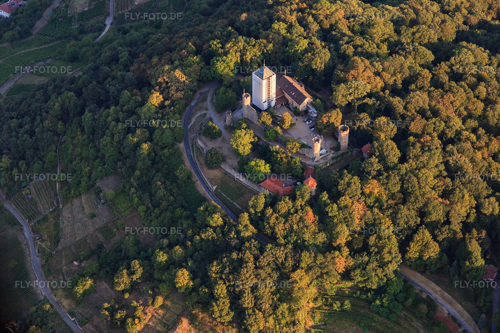 Luftbild: Starkenburg in Heppenheim im Bundesland Hessen in Deutschland. – Foto: IMG_109458.jpg vom 31.07.2018 durch Werner Riehm/FLY-FOTO.de – Auflösung des Originals: 5472 x 3648 px – DJH Jugendherberge Starkenburg / Heppenheim