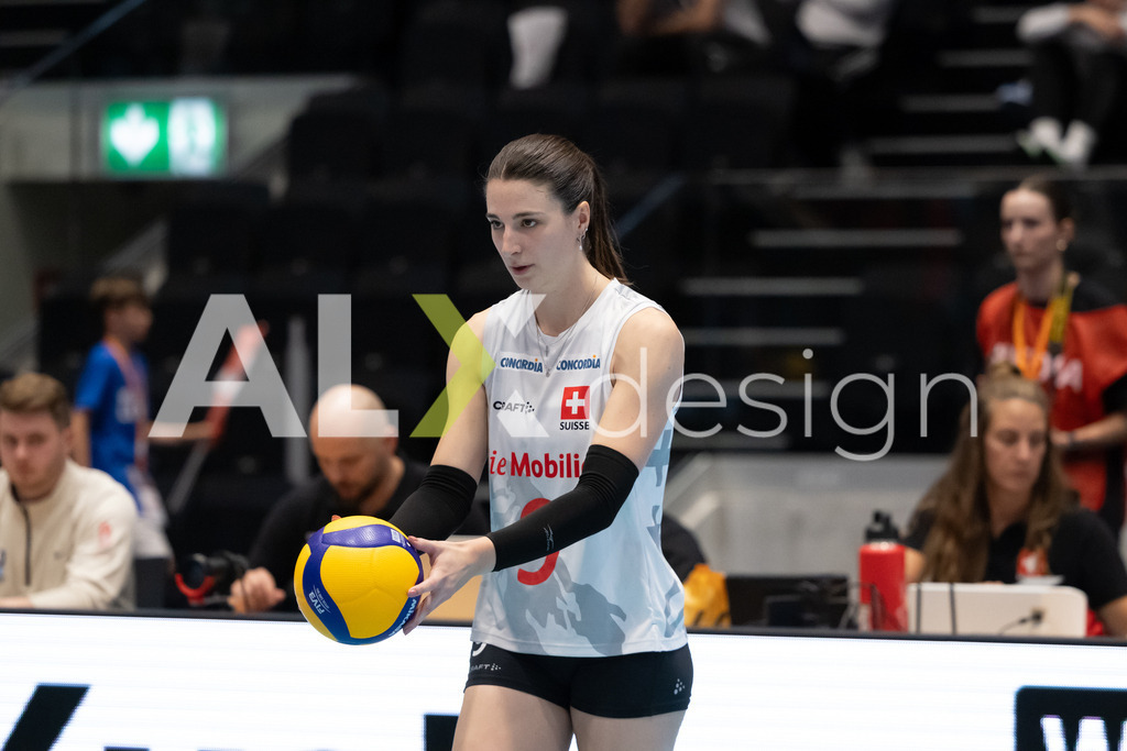 Georgia v Switzerland - CEV European League Women | KRIENS, SWITZERLAND - JUNE 12: SARINA WIELAND of Switzerland serve during the CEV European League match between Georgia and Switzerland at Pilatus Arena on June 12, 2026 in Kriens, Switzerland. - Realisiert mit Pictrs.com