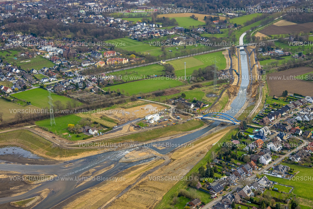 Dinslaken240308949 | Luftbild, Emscherdeich mit gebrochenem Damm an der Emschermündung, zerstörte fehlende Eisenbahnbrücke, Baugebiet, Eppinghoven, Dinslaken, Nordrhein-Westfalen, Deutschland