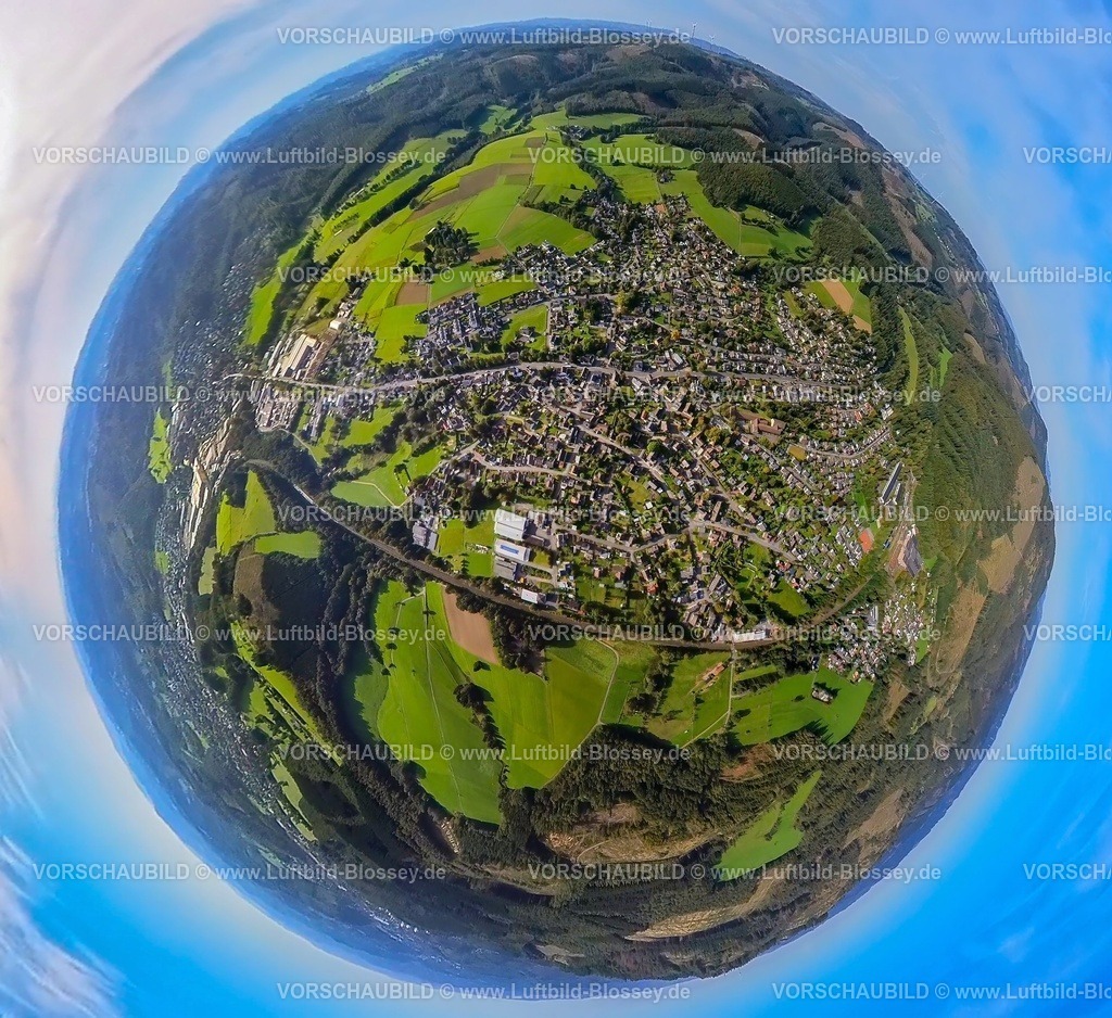 Kreuztal230990402Littfeld | Luftbild, Ortsansicht Ortsteil Burgholdinghausen Littfeld, Erdkugel, Fisheye Aufnahme, Fischaugen Aufnahme, 360 Grad Aufnahme, tiny world, Littfeld, Kreuztal, Sauerland, Nordrhein-Westfalen, Deutschland