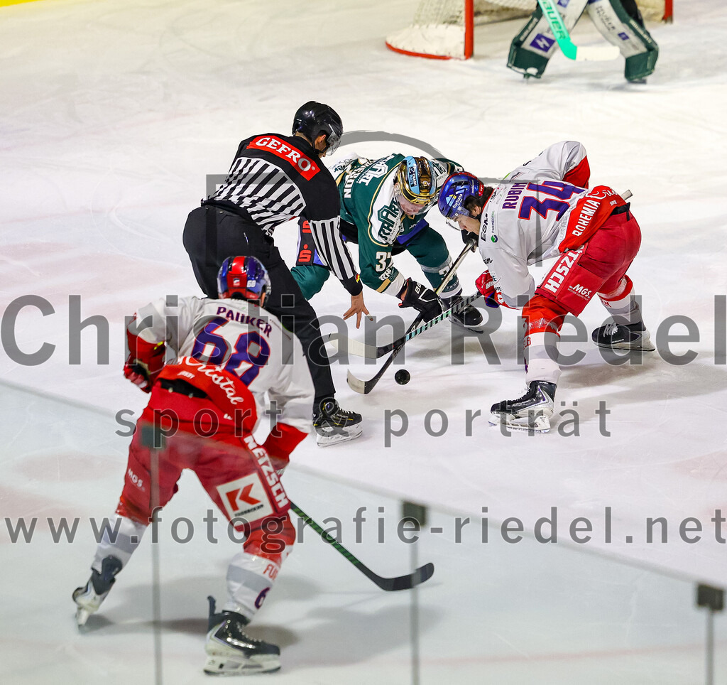 2026-01-18_076_TSV_Erding_gegen_Selber_Woelfe | Erding, Deutschland, 18.01.2026:Eishockey, Oberliga Süd 2025 / 2026, 38. Spieltag, TSV Erding gegen Selber Wölfe, Endergebnis: 2:3 n.V.Tom Pauker (Selber Wölfe, #68), Thomas Matheson (Erding Gladiators, #37), Philip Rubin (Selber Wölfe, #34)Foto: Christian Riedel / fotografie-riedel.net