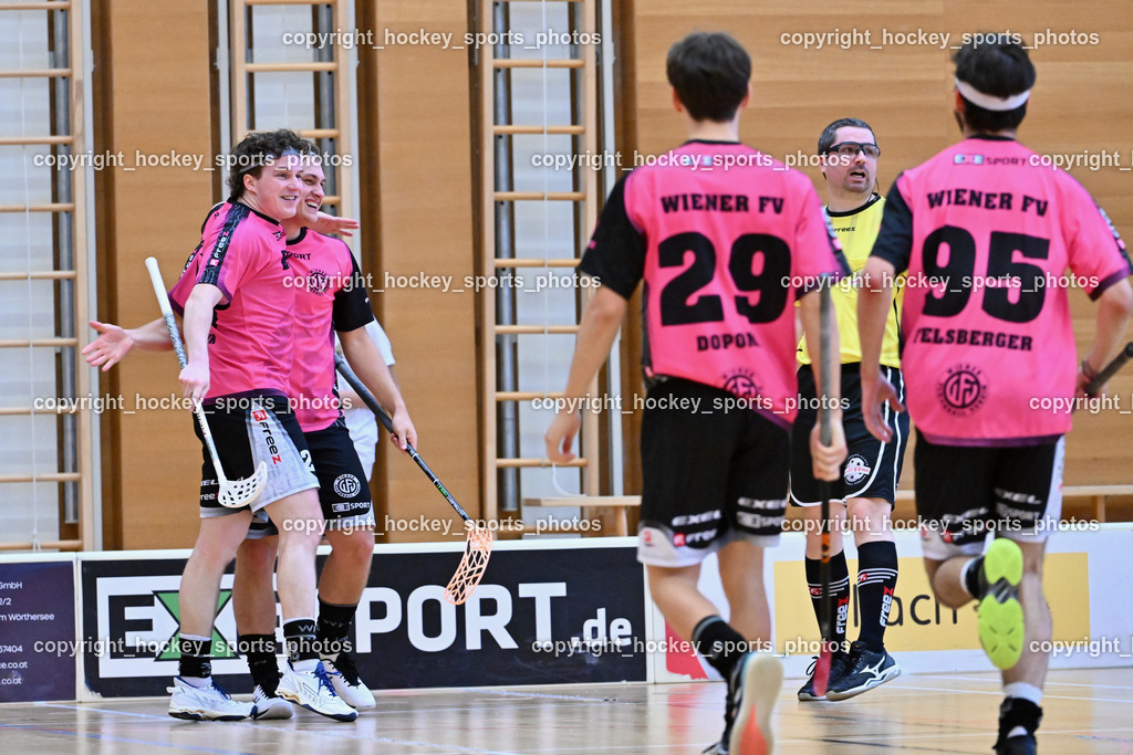 VSV Unihockey vs. Wiener Floorballferein 6.4.2024 | #26 Alexander Hanschur Wiener Floorballverein, #71 Christoph Platzer Wiener Floorballverein,  #29 Jonas-Justus Dopona Wiener Floorballverein, #95 Niklas Felsberger Wiener Floorballverein, VSV Unihockey vs. Wiener Floorballferein 6.4.2024, VSV Unihockey vs. Wiener Floorballferein  am 06.04.2024 in Villach (Ballspielhalle St. Martin), Austria, (Photo by Bernd Stefan)
