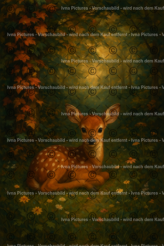 Im Herzen des Waldes | In einem goldenen Lichtstrahl, der durch das Blätterdach fällt, ruht ein junges Reh zwischen wilden Blumen. Die Stille des Waldes umhüllt es wie ein Versprechen von Frieden und Geborgenheit – ein flüchtiger Moment reiner Unschuld. - Realisiert mit Pictrs.com