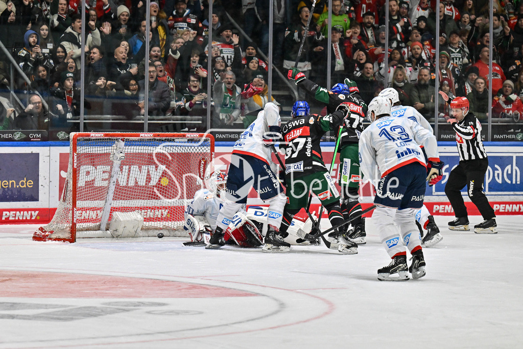 Augsburger Panther - Adler Mannheim | Jubel der Panther nach dem Treffer zum 1-3 durch Riley McCOURT (Augsburger Panther #72) / Freude / Happy / Tor / Torschuetze / DEL: Augsburger Panther - Adler Mannheim, Curt Frenzel Stadion am 26.12.2024