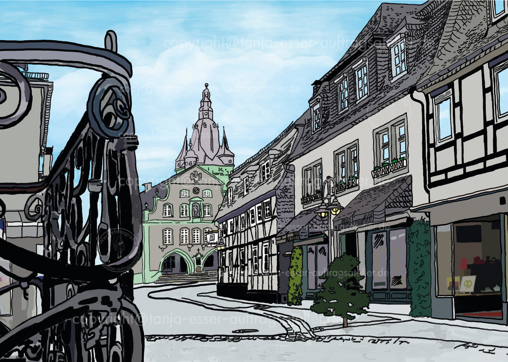 Steinweg bunt | Illustration von dem Steinweg mit Blick auf den Marktplatz in Brilon. Im Vordergrund ist ein gusseisernes Treppengeländer, im Hintergrund ist das Rathaus und die Propsteikirche.