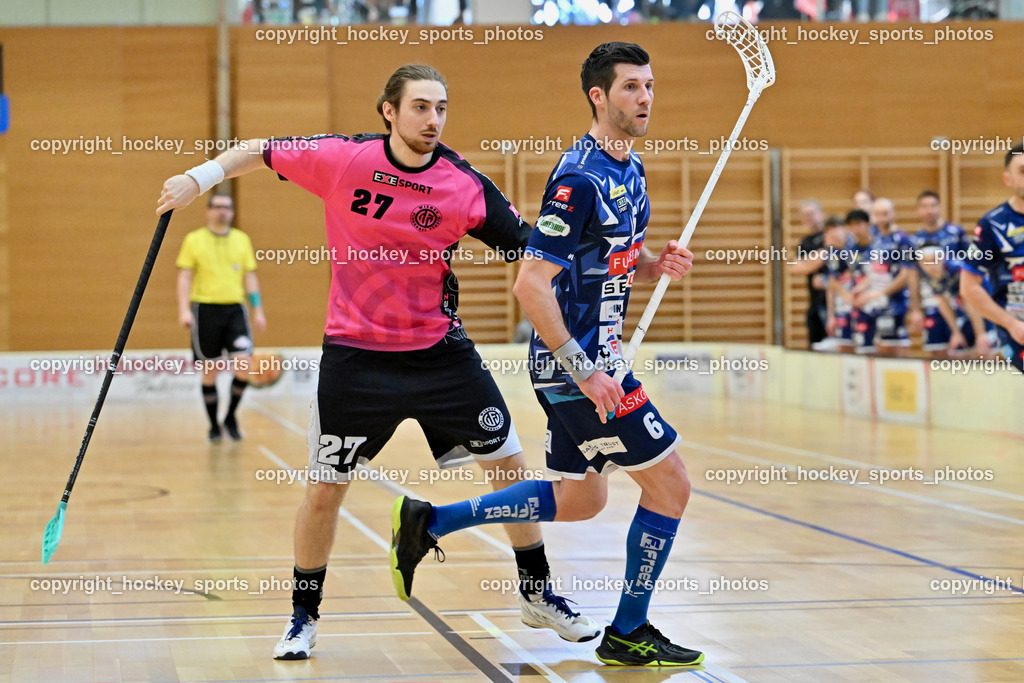 VSV Unihockey vs. Wiener Floorballferein 6.4.2024 | #27 Tobias Schrottenbacher Wiener Floorballverein, #6 Timo Schmid VSV Unihockey, VSV Unihockey vs. Wiener Floorballferein 6.4.2024, VSV Unihockey vs. Wiener Floorballferein  am 06.04.2024 in Villach (Ballspielhalle St. Martin), Austria, (Photo by Bernd Stefan)